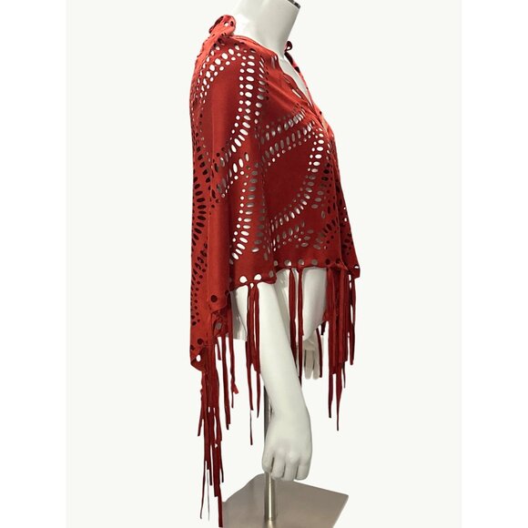 CCC Bohemian Cut Rust Red Laser Fringe Shawl 65 inch Shoulder Sheer Lightweight - Picture 4 of 8